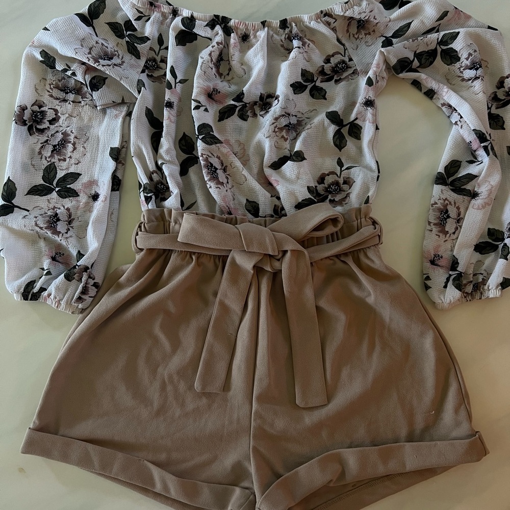 Floral Off-Shoulder with Tan Shorts Romper